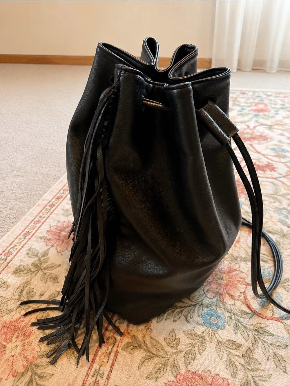 Victoria's Secret Black Fringe Drawstring Backpack NWOT - Picture 2 of 5